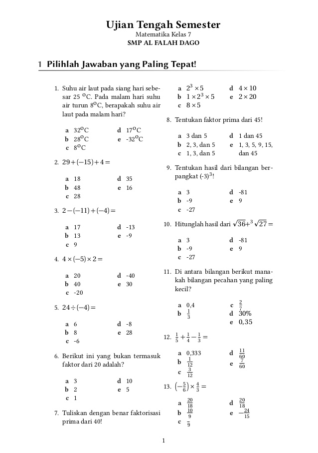 Soal matematika kelas 7 semester 1 dan pembahasannya kurikulum 2013 full